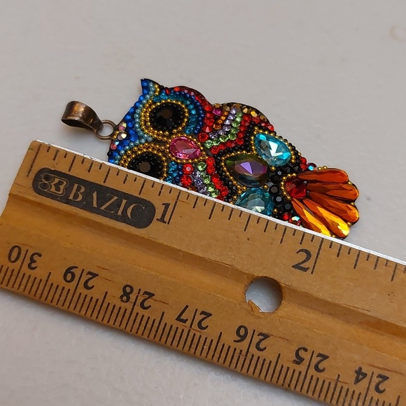 Vibrant Multicolor Crystals Micro Mosaic Owl Sterling Silver Pendant - Picture 5 of 7